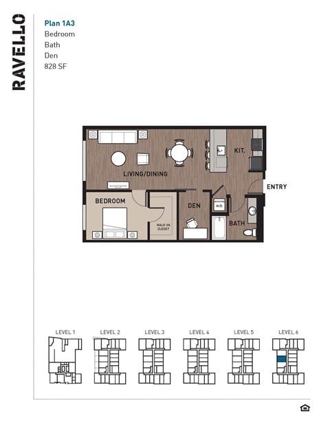Floor plan for 1 bed, 1 bath, 828 sqft